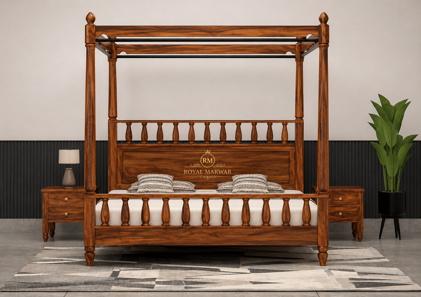Royal Marwar Solid Sheesham Wood Four Poster Bed | King Size Canopy Bed | Premium Handcrafted Wooden Bed | Honey Finish & Walnut Finish