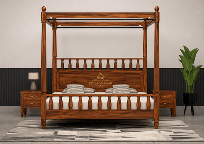 Royal Marwar Solid Sheesham Wood Four Poster Bed | King Size Canopy Bed | Premium Handcrafted Wooden Bed | Honey Finish & Walnut Finish