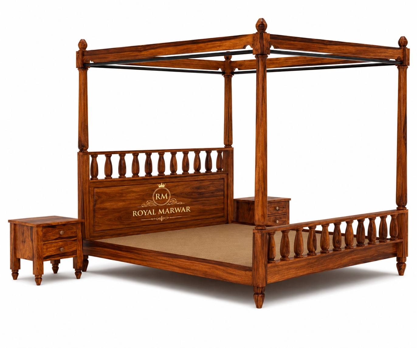 Royal Marwar Solid Sheesham Wood Four Poster Bed | King Size Canopy Bed | Premium Handcrafted Wooden Bed | Honey Finish & Walnut Finish