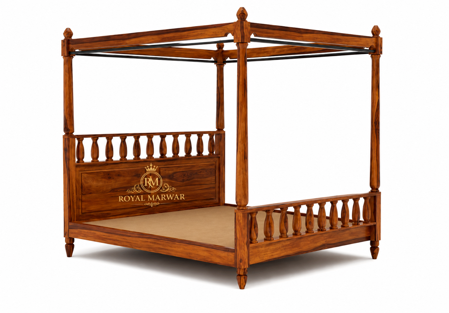 Royal Marwar Solid Sheesham Wood Four Poster Bed | King Size Canopy Bed | Premium Handcrafted Wooden Bed | Honey Finish & Walnut Finish