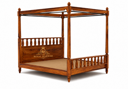 Royal Marwar Solid Sheesham Wood Four Poster Bed | King Size Canopy Bed | Premium Handcrafted Wooden Bed | Honey Finish & Walnut Finish