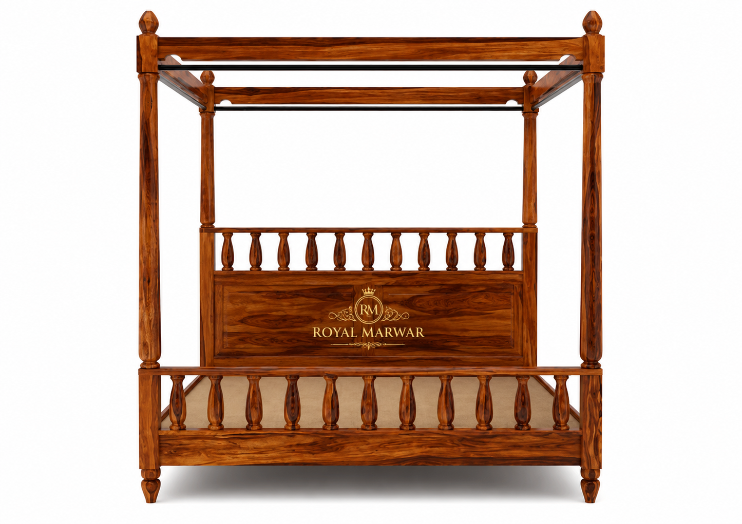 Royal Marwar Solid Sheesham Wood Four Poster Bed | King Size Canopy Bed | Premium Handcrafted Wooden Bed | Honey Finish & Walnut Finish