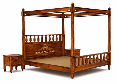 Royal Marwar Solid Sheesham Wood Four Poster Bed | King Size Canopy Bed | Premium Handcrafted Wooden Bed | Honey Finish & Walnut Finish