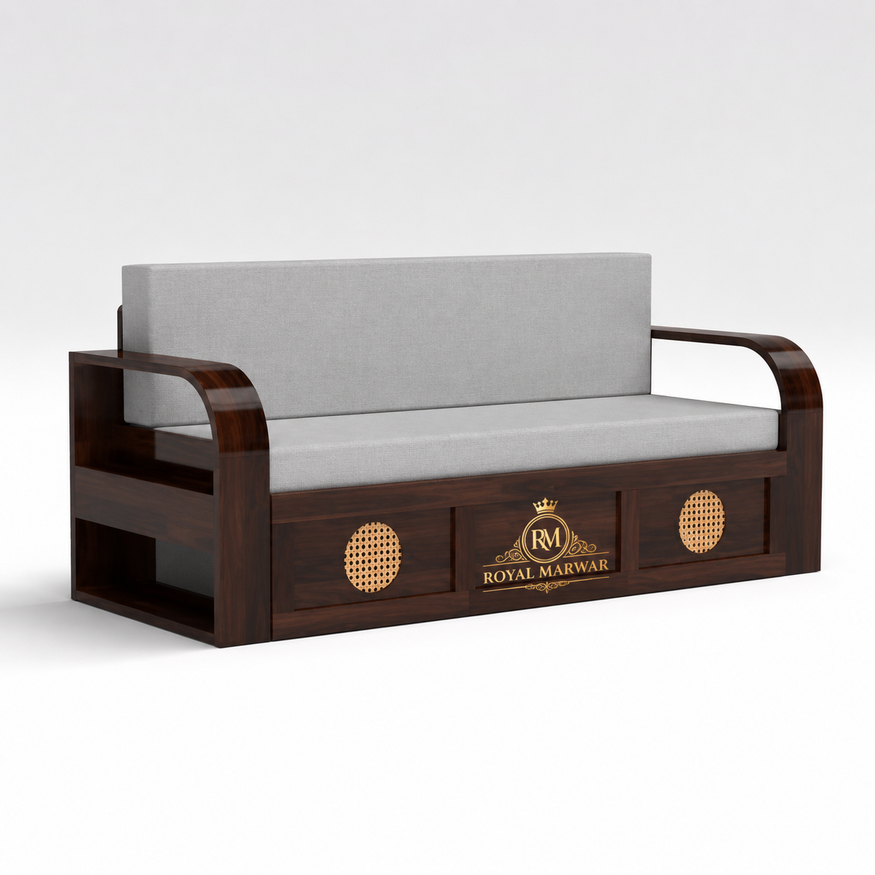 Royal Marwar Solid Sheesham Wood Sofa Cum Bed | Wooden 3 Seater Sofa Bed with Cane Panel Design | Honey Finish & Walnut Finish