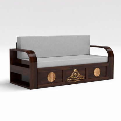 Royal Marwar Solid Sheesham Wood Sofa Cum Bed | Wooden 3 Seater Sofa Bed with Cane Panel Design | Honey Finish & Walnut Finish