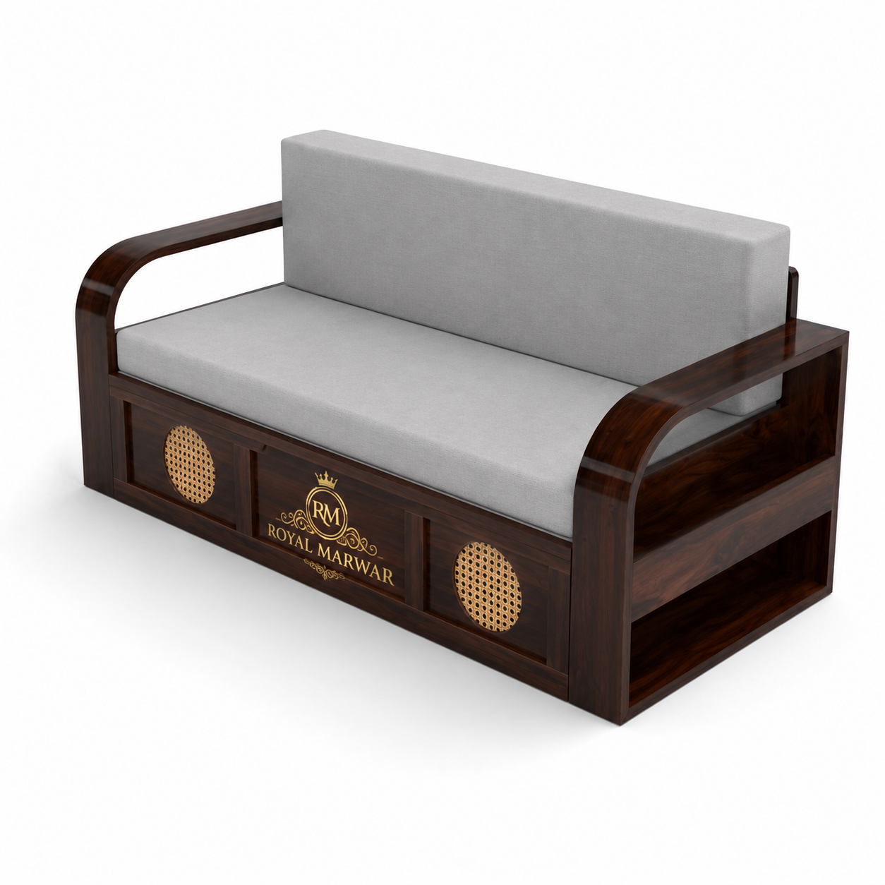 Royal Marwar Solid Sheesham Wood Sofa Cum Bed | Wooden 3 Seater Sofa Bed with Cane Panel Design | Honey Finish & Walnut Finish