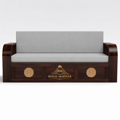 Royal Marwar Solid Sheesham Wood Sofa Cum Bed | Wooden 3 Seater Sofa Bed with Cane Panel Design | Honey Finish & Walnut Finish