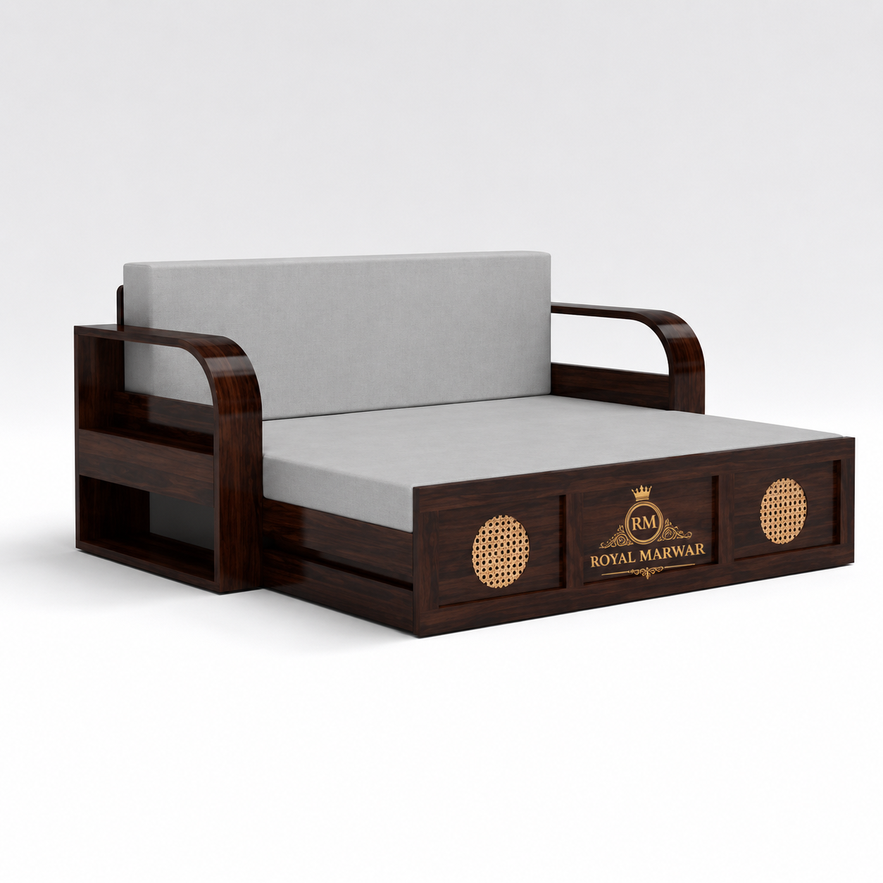 Royal Marwar Solid Sheesham Wood Sofa Cum Bed | Wooden 3 Seater Sofa Bed with Cane Panel Design | Honey Finish & Walnut Finish