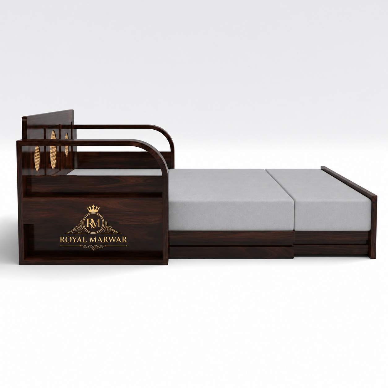 Royal Marwar Solid Sheesham Wood Sofa Cum Bed | Wooden 3 Seater Sofa Bed with Cane Panel Design | Honey Finish & Walnut Finish