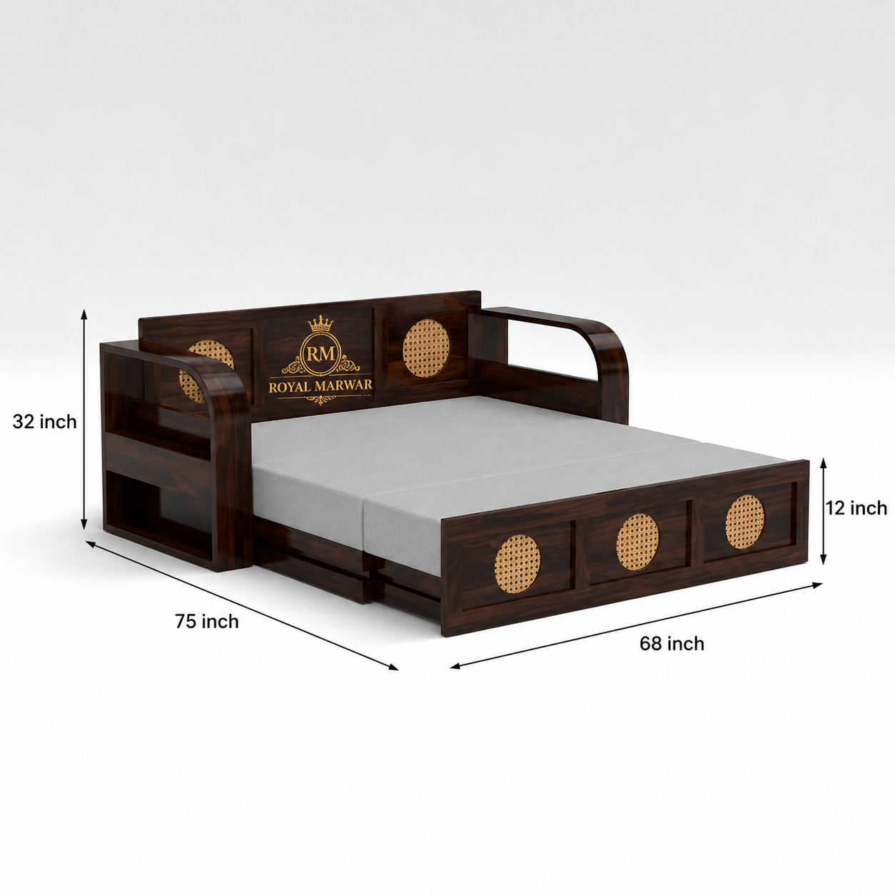 Royal Marwar Solid Sheesham Wood Sofa Cum Bed | Wooden 3 Seater Sofa Bed with Cane Panel Design | Honey Finish & Walnut Finish