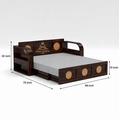 Royal Marwar Solid Sheesham Wood Sofa Cum Bed | Wooden 3 Seater Sofa Bed with Cane Panel Design | Honey Finish & Walnut Finish