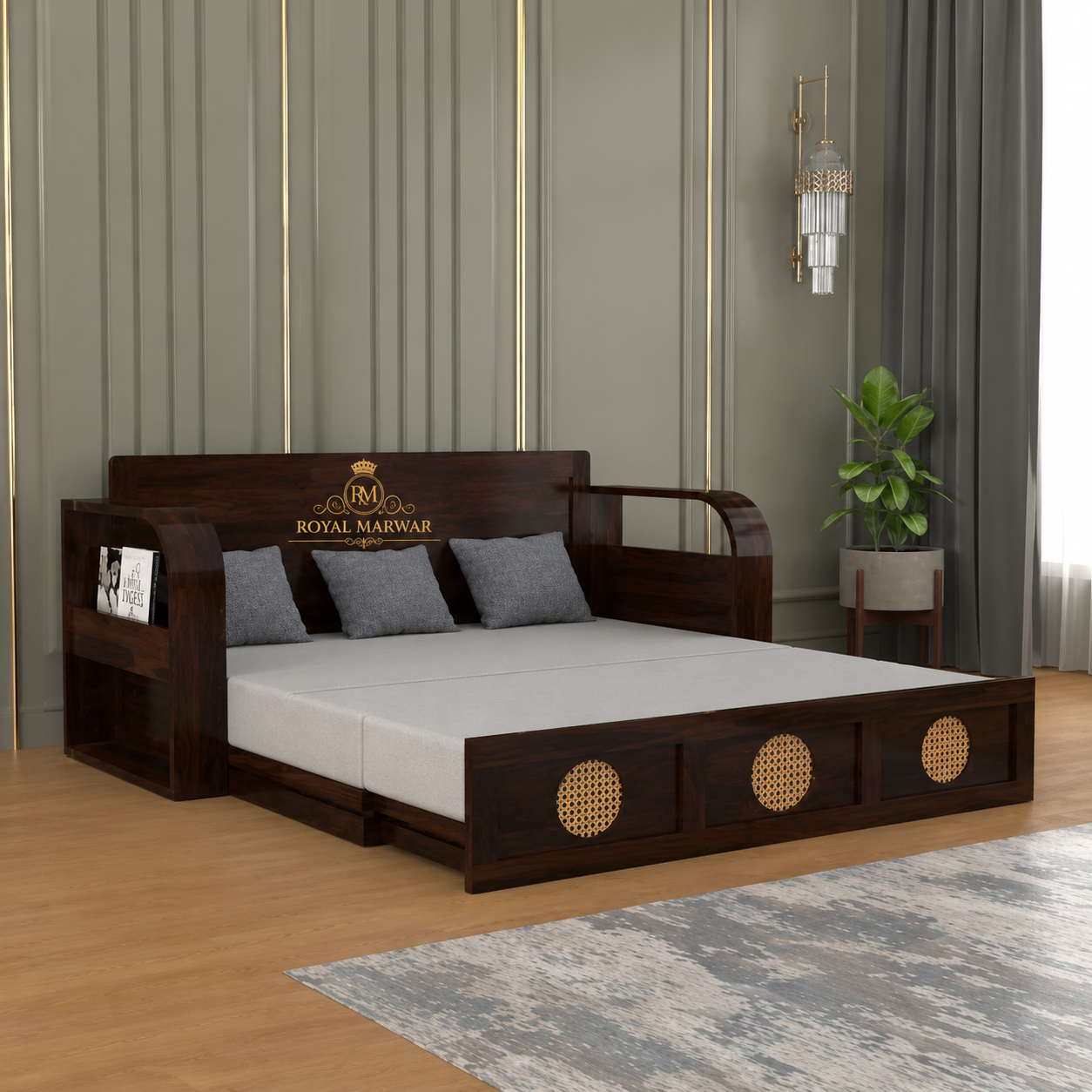 Royal Marwar Solid Sheesham Wood Sofa Cum Bed | Wooden 3 Seater Sofa Bed with Cane Panel Design | Honey Finish & Walnut Finish