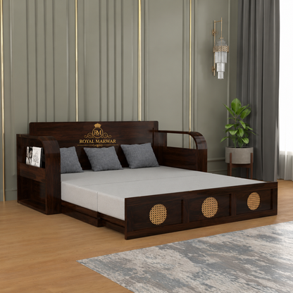 Royal Marwar Solid Sheesham Wood Sofa Cum Bed | Wooden 3 Seater Sofa Bed with Cane Panel Design | Honey Finish & Walnut Finish