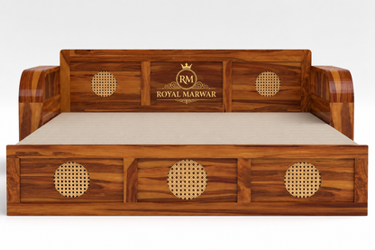 Royal Marwar Solid Sheesham Wood Sofa Cum Bed | Wooden 3 Seater Sofa Bed with Cane Panel Design | Honey Finish & Walnut Finish