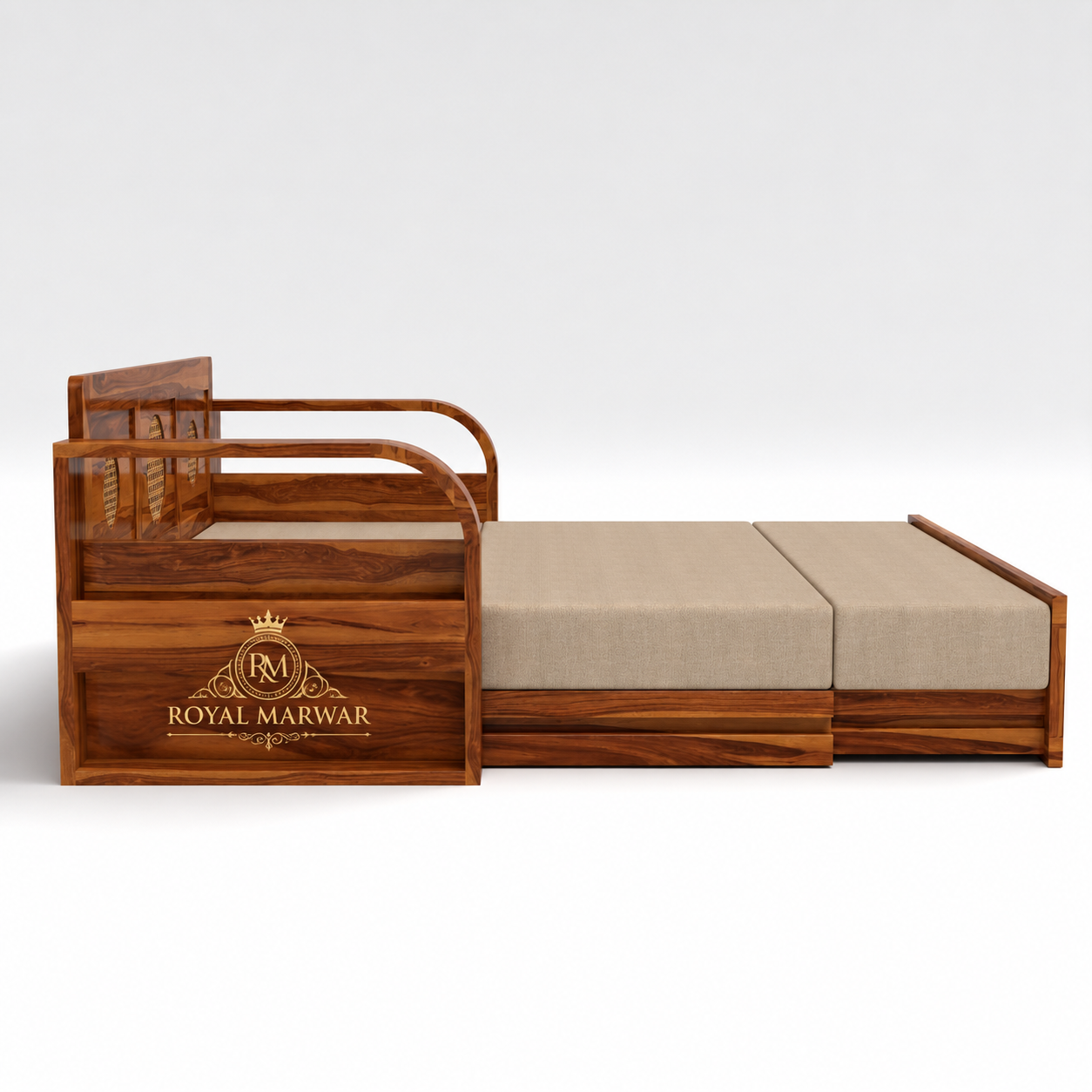 Royal Marwar Solid Sheesham Wood Sofa Cum Bed | Wooden 3 Seater Sofa Bed with Cane Panel Design | Honey Finish & Walnut Finish