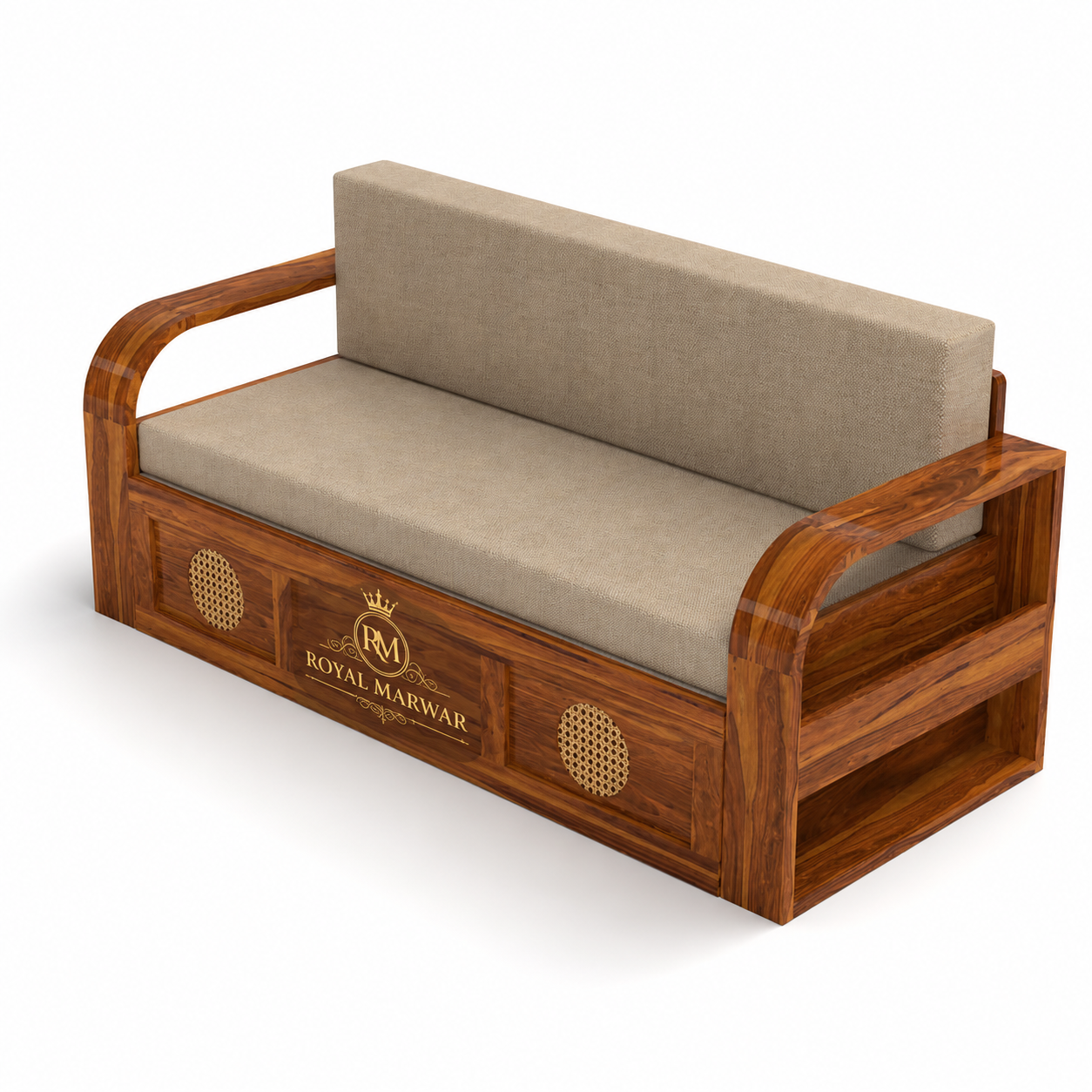 Royal Marwar Solid Sheesham Wood Sofa Cum Bed | Wooden 3 Seater Sofa Bed with Cane Panel Design | Honey Finish & Walnut Finish