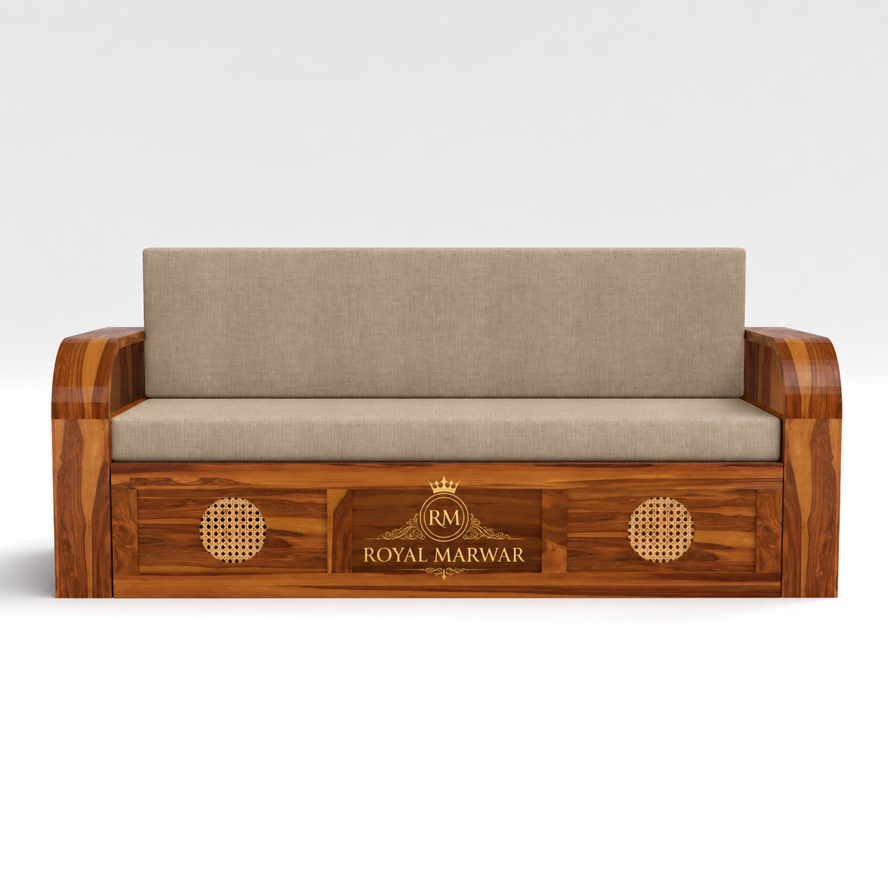 Royal Marwar Solid Sheesham Wood Sofa Cum Bed | Wooden 3 Seater Sofa Bed with Cane Panel Design | Honey Finish & Walnut Finish
