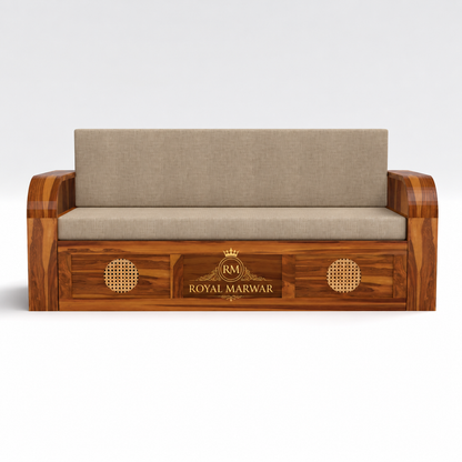 Royal Marwar Solid Sheesham Wood Sofa Cum Bed | Wooden 3 Seater Sofa Bed with Cane Panel Design | Honey Finish & Walnut Finish