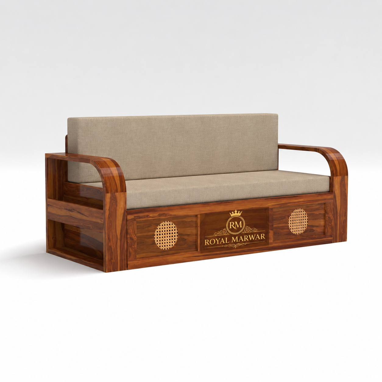 Royal Marwar Solid Sheesham Wood Sofa Cum Bed | Wooden 3 Seater Sofa Bed with Cane Panel Design | Honey Finish & Walnut Finish
