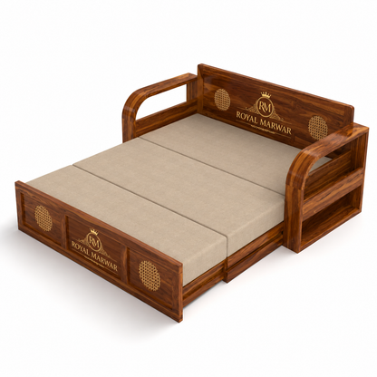 Royal Marwar Solid Sheesham Wood Sofa Cum Bed | Wooden 3 Seater Sofa Bed with Cane Panel Design | Honey Finish & Walnut Finish