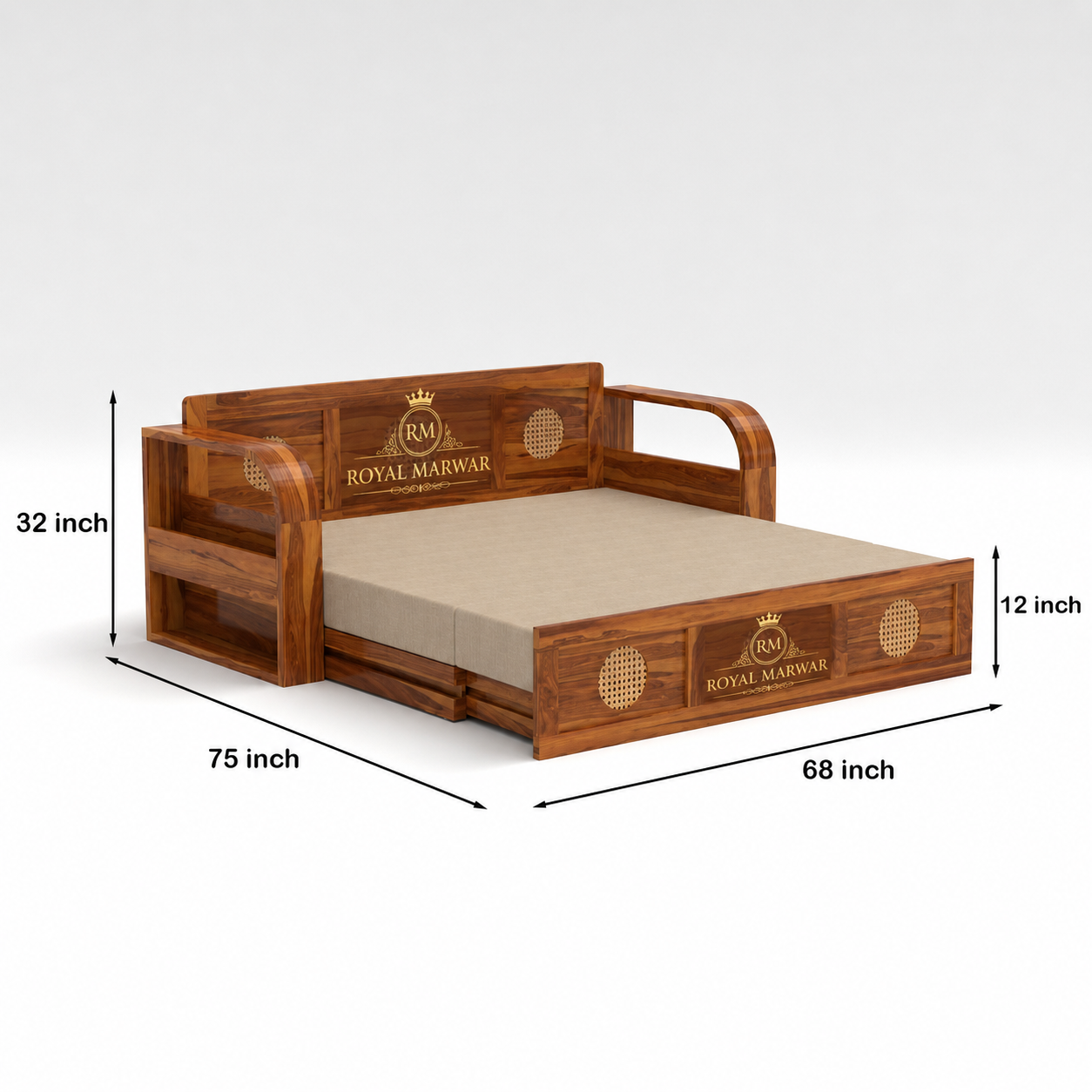 Royal Marwar Solid Sheesham Wood Sofa Cum Bed | Wooden 3 Seater Sofa Bed with Cane Panel Design | Honey Finish & Walnut Finish