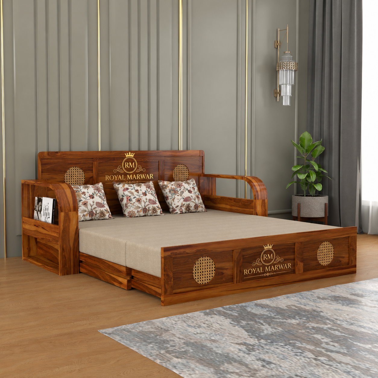 Royal Marwar Solid Sheesham Wood Sofa Cum Bed | Wooden 3 Seater Sofa Bed with Cane Panel Design | Honey Finish & Walnut Finish