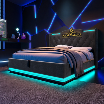 Royal Marwar Upholstered Hydraulic Storage Bed with LED Lights | Premium Fabric Bed | Grey Finish