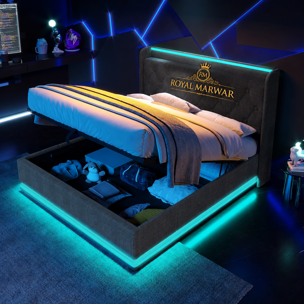Royal Marwar Upholstered Hydraulic Storage Bed with LED Lights | Premium Fabric Bed | Grey Finish