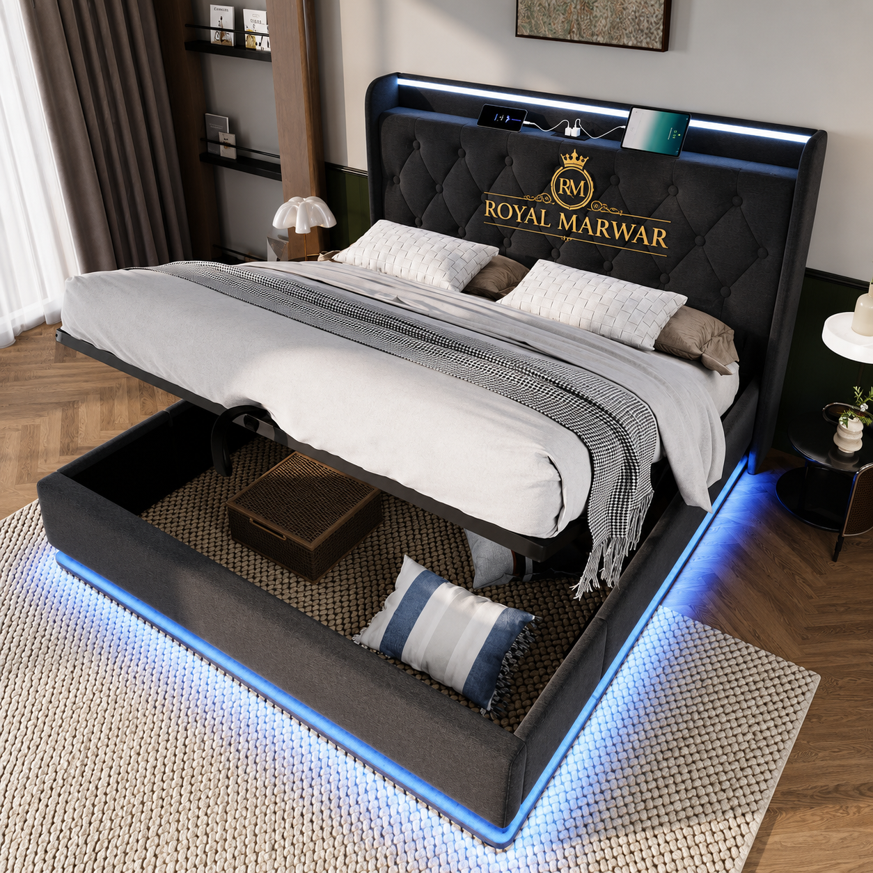Royal Marwar Upholstered Hydraulic Storage Bed with LED Lights | Premium Fabric Bed | Grey Finish
