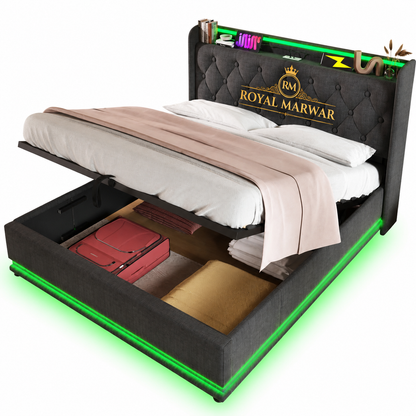 Royal Marwar Upholstered Hydraulic Storage Bed with LED Lights | Premium Fabric Bed | Grey Finish