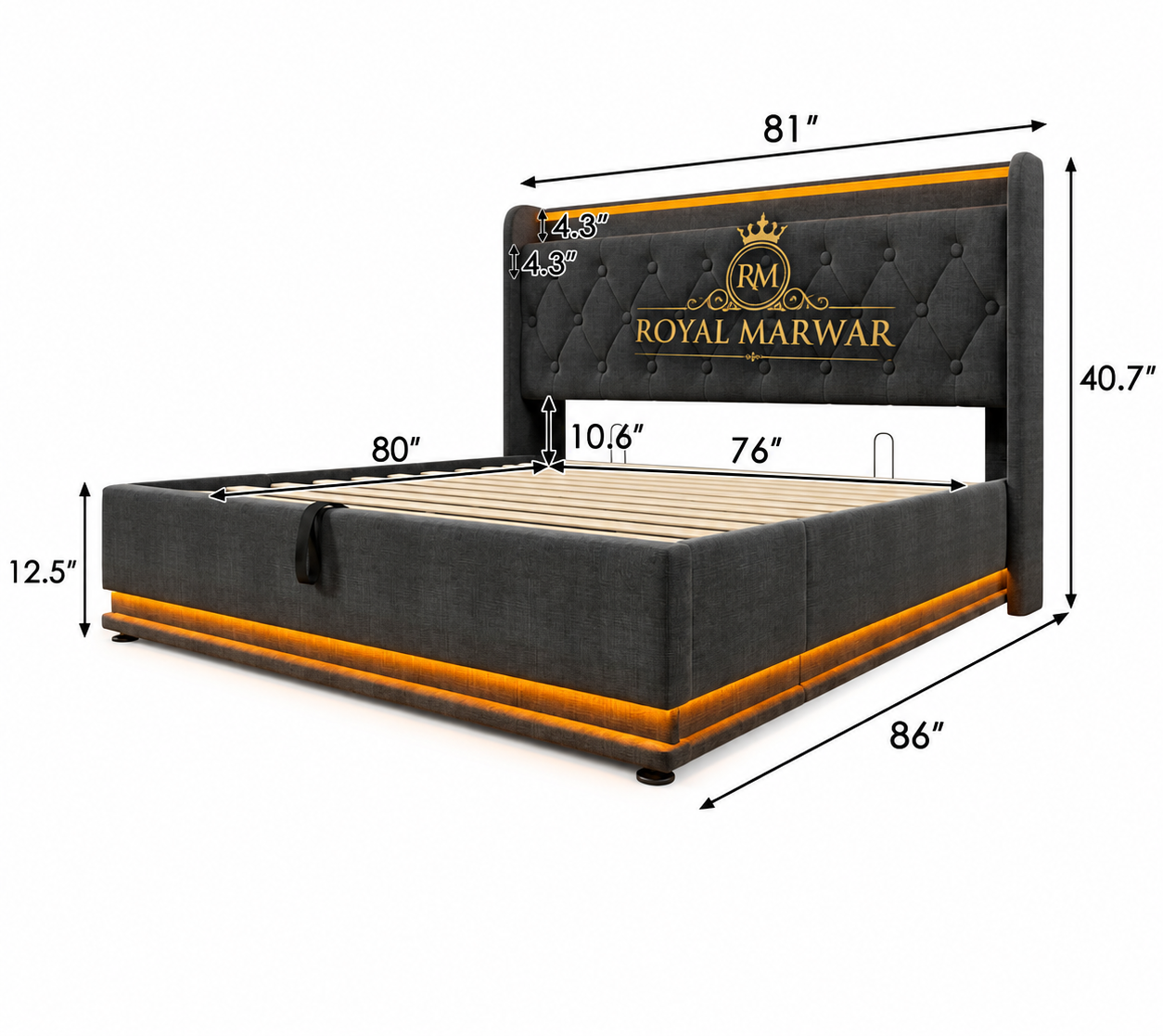 Royal Marwar Upholstered Hydraulic Storage Bed with LED Lights | Premium Fabric Bed | Grey Finish