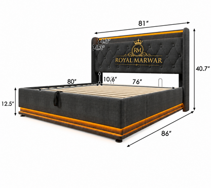 Royal Marwar Upholstered Hydraulic Storage Bed with LED Lights | Premium Fabric Bed | Grey Finish