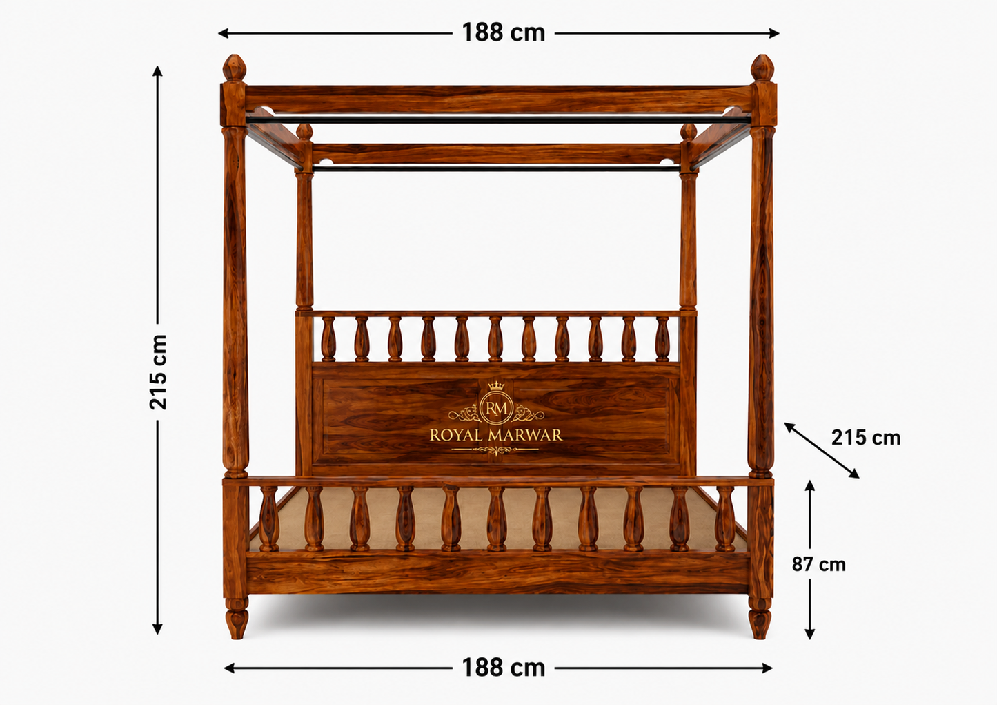 Royal Marwar Solid Sheesham Wood Four Poster Bed | King Size Canopy Bed | Premium Handcrafted Wooden Bed | Honey Finish & Walnut Finish