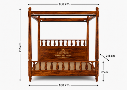 Royal Marwar Solid Sheesham Wood Four Poster Bed | King Size Canopy Bed | Premium Handcrafted Wooden Bed | Honey Finish & Walnut Finish