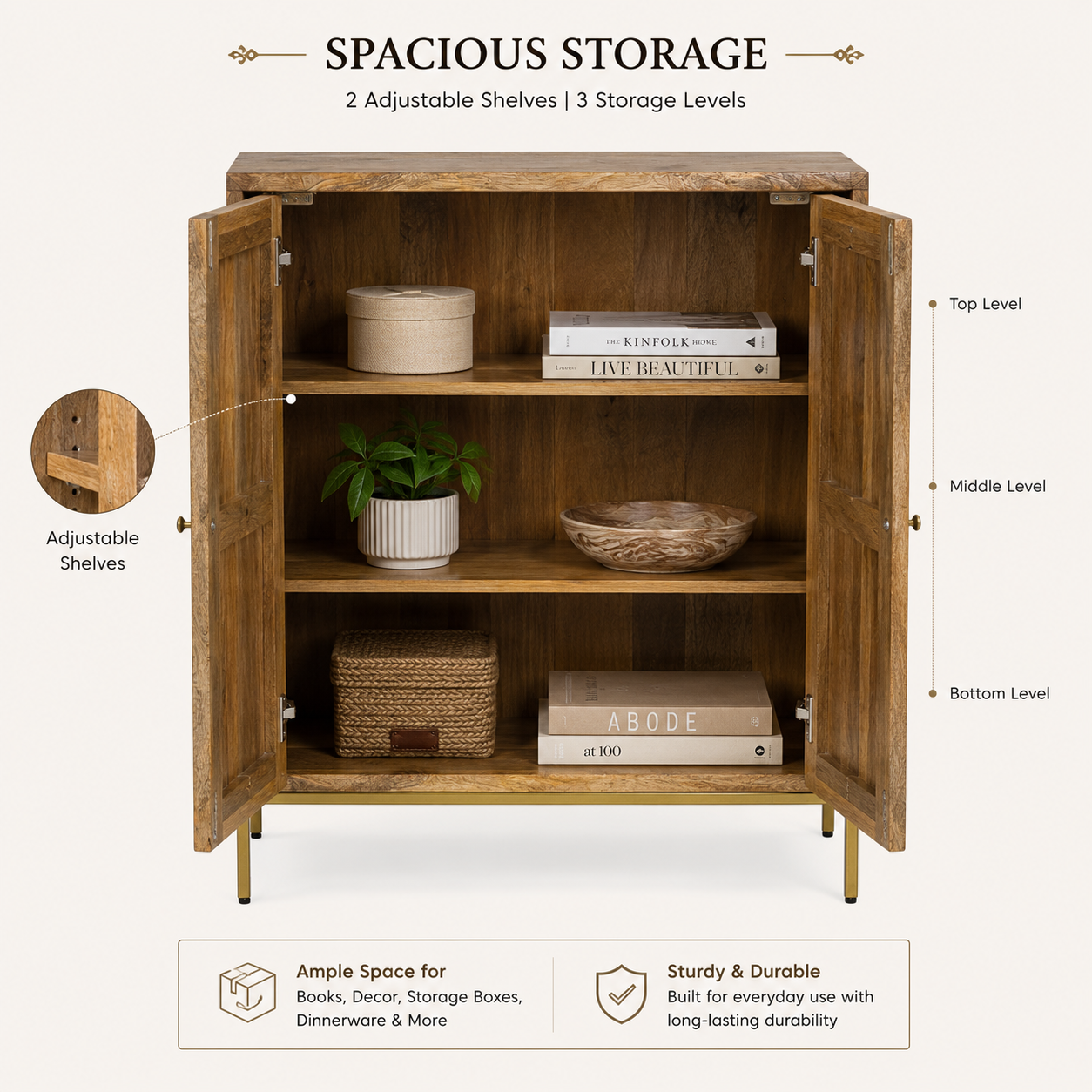 Royal Marwar Solid Wood 2 Door Storage Cabinet | Premium Wooden Sideboard Cabinet with Adjustable Shelves
