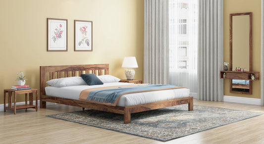 Royal Marwar Solid Sheesham Wood Queen Size Platform Bed | Premium Honey Finish | Modern Wooden Bed Frame