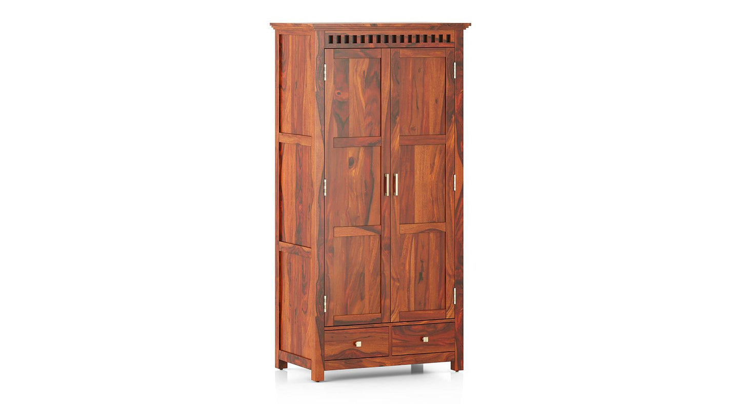 Royal Marwar Solid Sheesham Wood 2 Door Wardrobe with Drawers | Handcrafted Wooden Almirah | Honey Finish