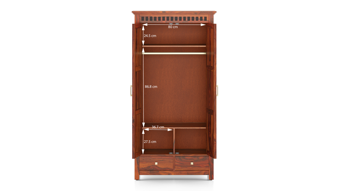 Royal Marwar Solid Sheesham Wood 2 Door Wardrobe with Drawers | Handcrafted Wooden Almirah | Honey Finish