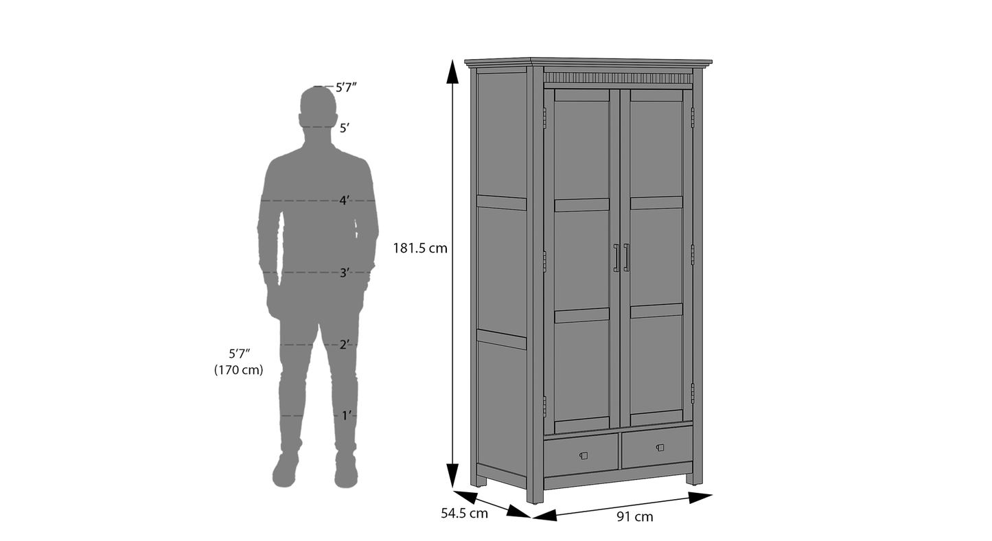 Royal Marwar Solid Sheesham Wood 2 Door Wardrobe with Drawers | Handcrafted Wooden Almirah | Walnut Finish