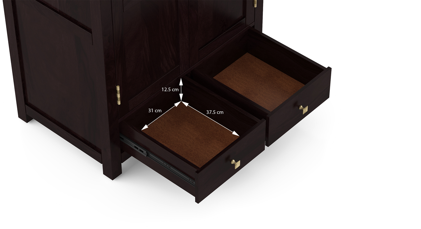 Royal Marwar Solid Sheesham Wood 2 Door Wardrobe with Drawers | Handcrafted Wooden Almirah | Walnut Finish