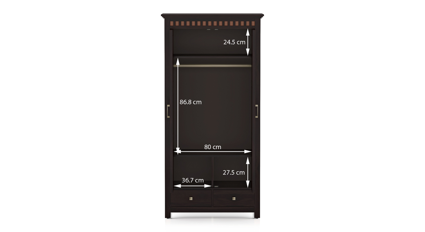 Royal Marwar Solid Sheesham Wood 2 Door Wardrobe with Drawers | Handcrafted Wooden Almirah | Walnut Finish