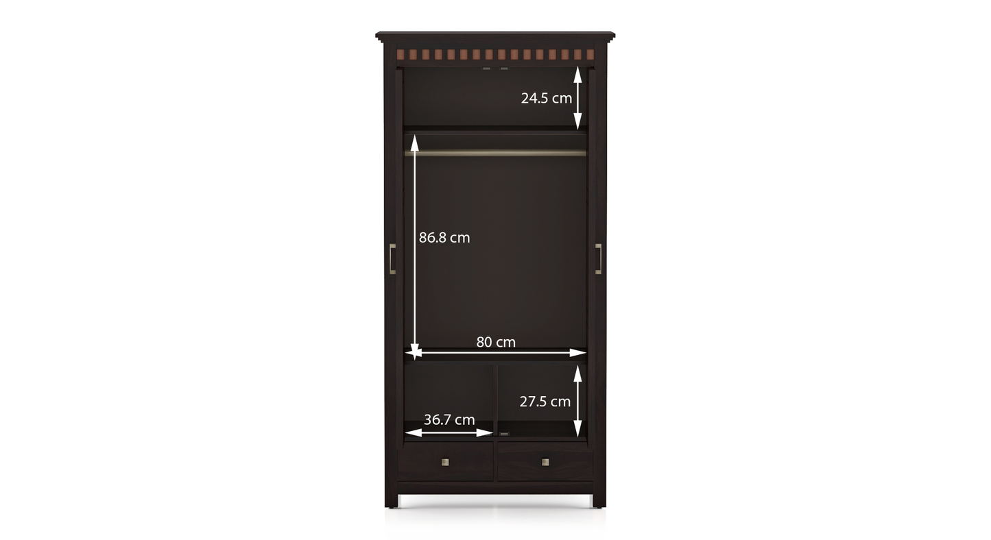 Royal Marwar Solid Sheesham Wood 2 Door Wardrobe with Drawers | Handcrafted Wooden Almirah | Walnut Finish