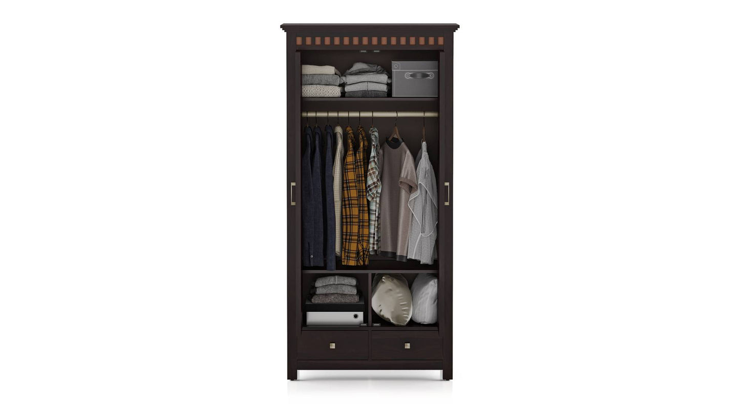 Royal Marwar Solid Sheesham Wood 2 Door Wardrobe with Drawers | Handcrafted Wooden Almirah | Walnut Finish