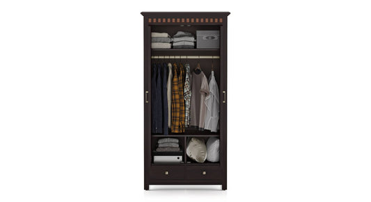 Royal Marwar Solid Sheesham Wood 2 Door Wardrobe with Drawers | Handcrafted Wooden Almirah | Walnut Finish