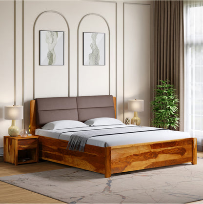 Royal Marwar Solid Sheesham Wood King Size Bed with Upholstered Headboard | Premium Wooden Bed | Honey Finish