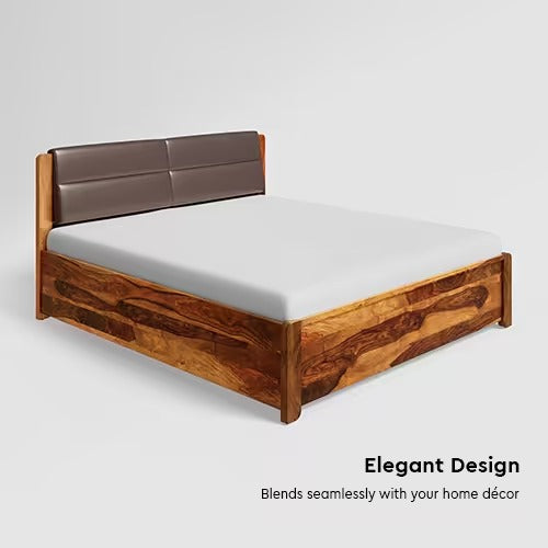 Royal Marwar Solid Sheesham Wood King Size Bed with Upholstered Headboard | Premium Wooden Bed | Honey Finish