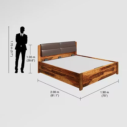 Royal Marwar Solid Sheesham Wood King Size Bed with Upholstered Headboard | Premium Wooden Bed | Honey Finish