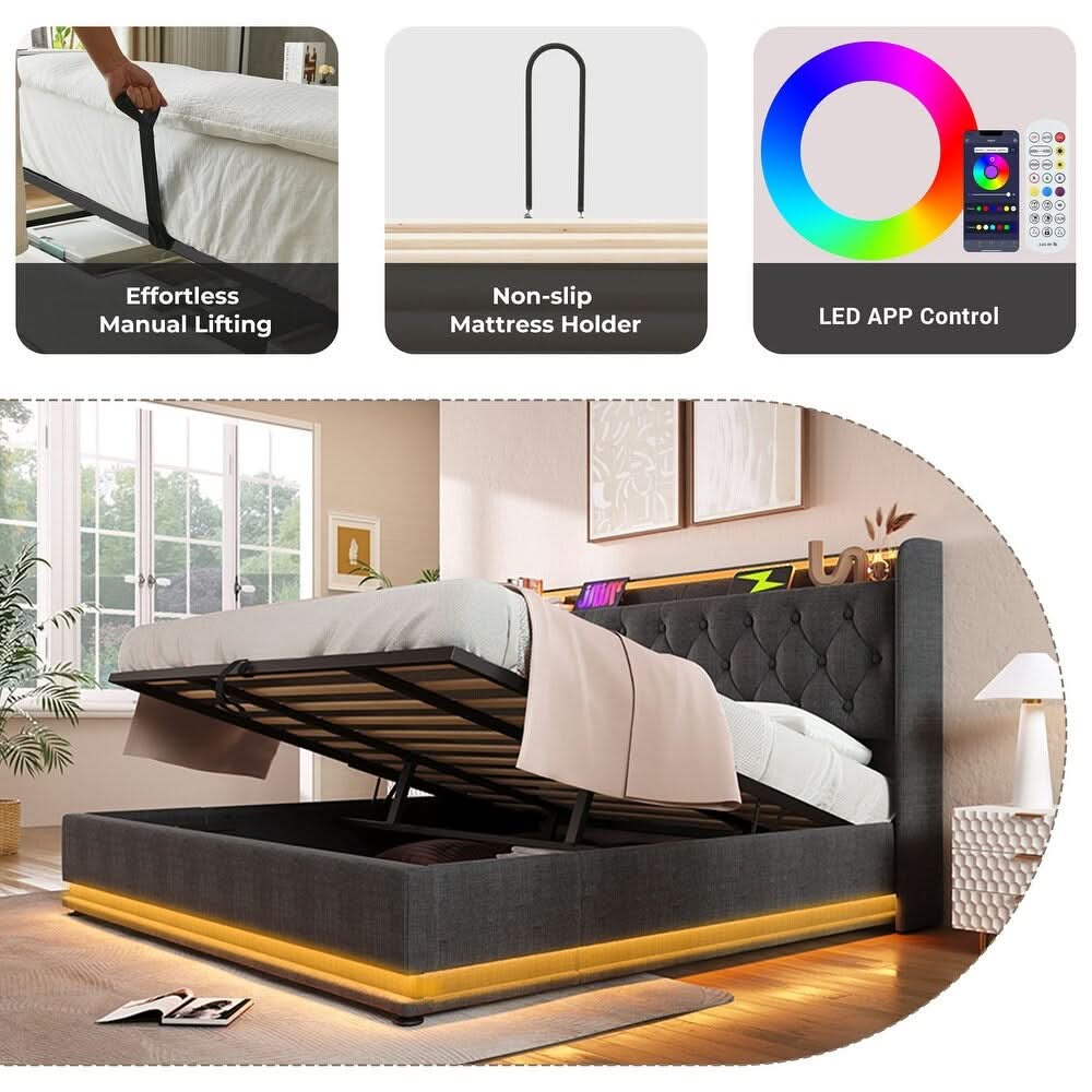 Royal Marwar Upholstered Hydraulic Storage Bed with LED Lights | Premium Fabric Bed | Grey Finish