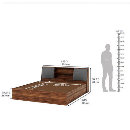Royal Marwar Solid Sheesham Wood King Size Storage Bed with Cushion Headboard | Premium Walnut Finish | Modern Wooden Bed with Box Storage