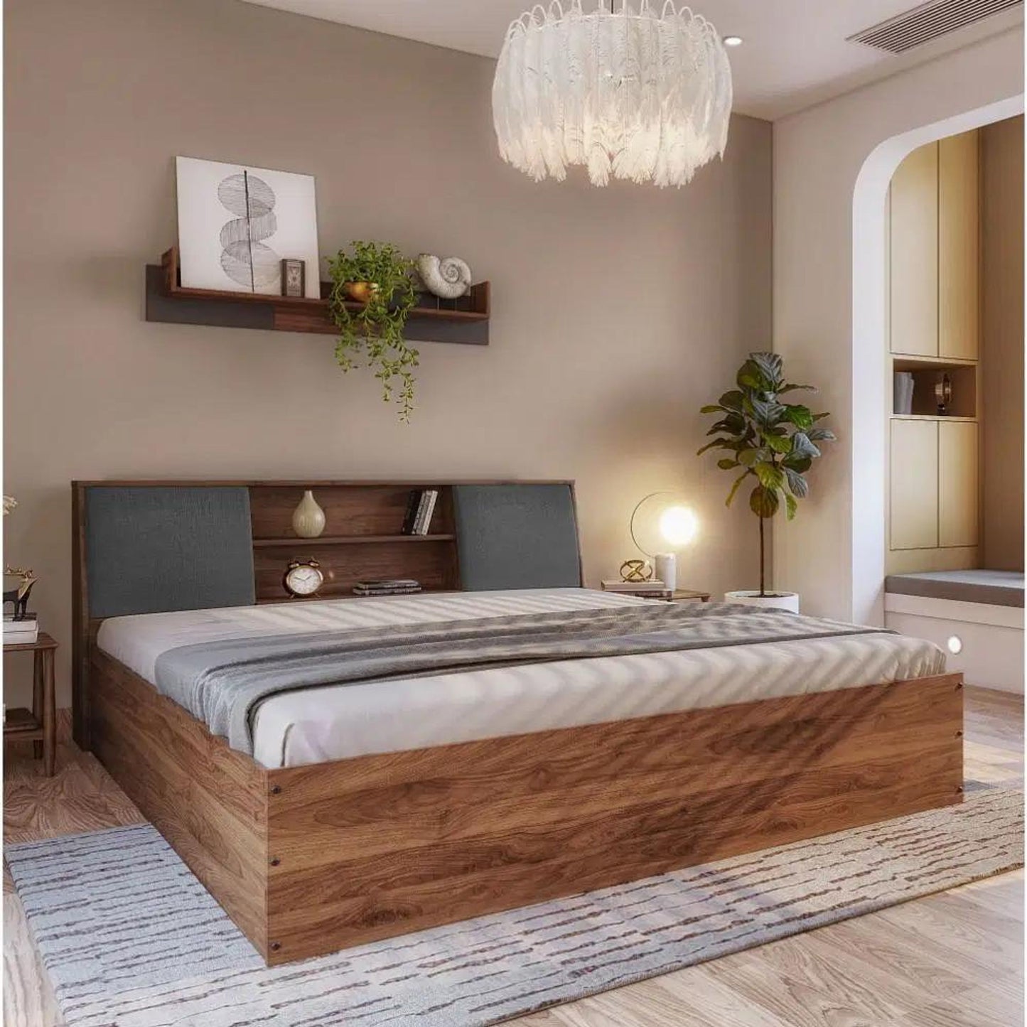 Royal Marwar Solid Sheesham Wood King Size Storage Bed with Cushion Headboard | Premium Walnut Finish | Modern Wooden Bed with Box Storage